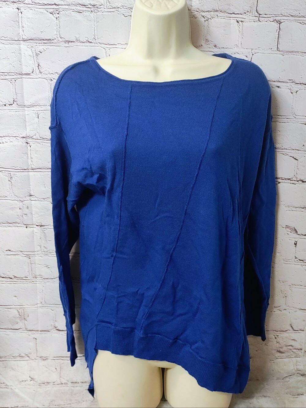 Eileen Fisher Merino Wool Deep Blue Sweater Lagenlook Scoop Neck PM Assymetrical